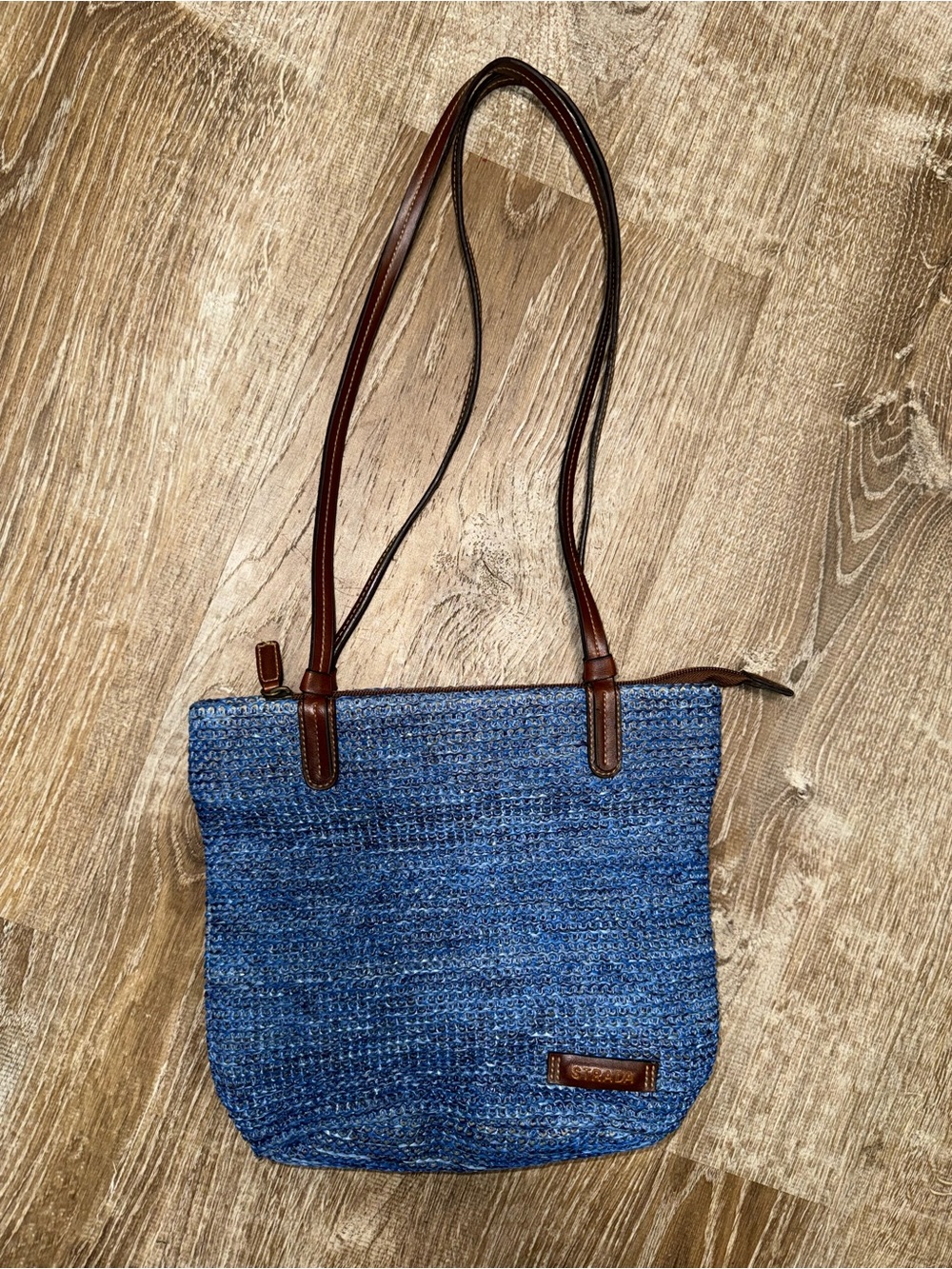 Strata Blue Woven Shoulder Tote with Brown Trim